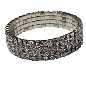 Elegant Silver Tone Rhinestone 4 Strand Stacked Stretch Bracelet Fashion Jewelry